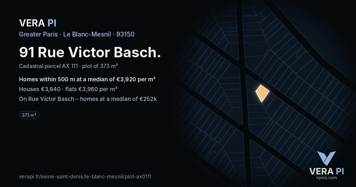 91 Rue Victor Basch, Le Blanc-Mesnil at night – the plot lit, the parcels around coloured by the prices near them