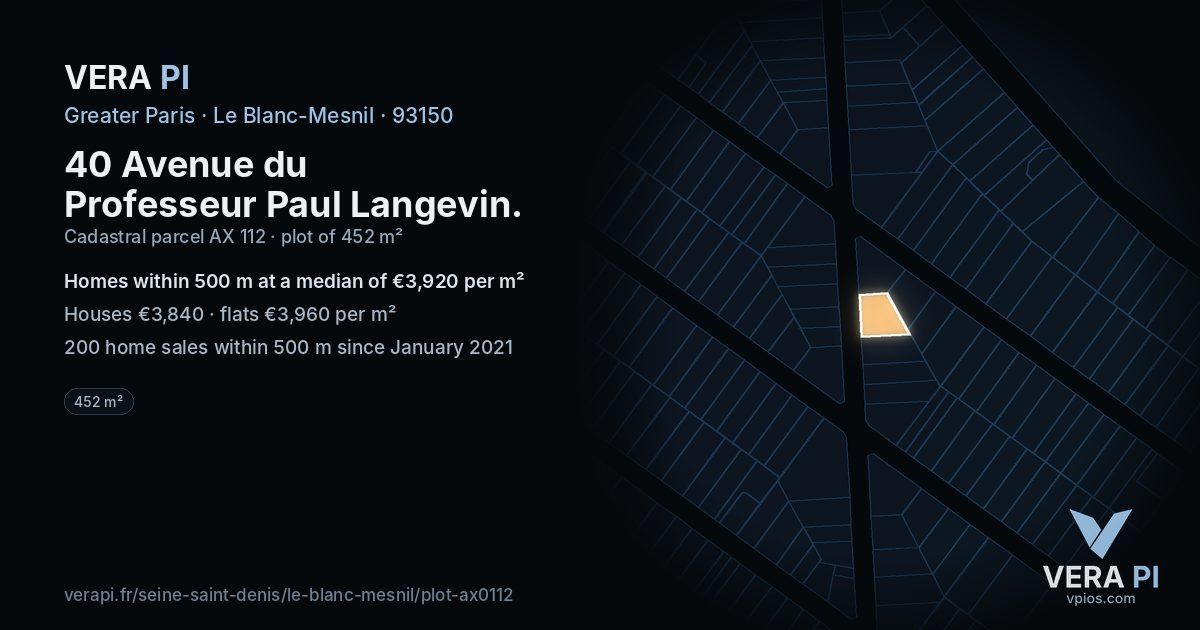 40 Avenue du Professeur Paul Langevin, Le Blanc-Mesnil at night – the plot lit, the parcels around coloured by the prices near them