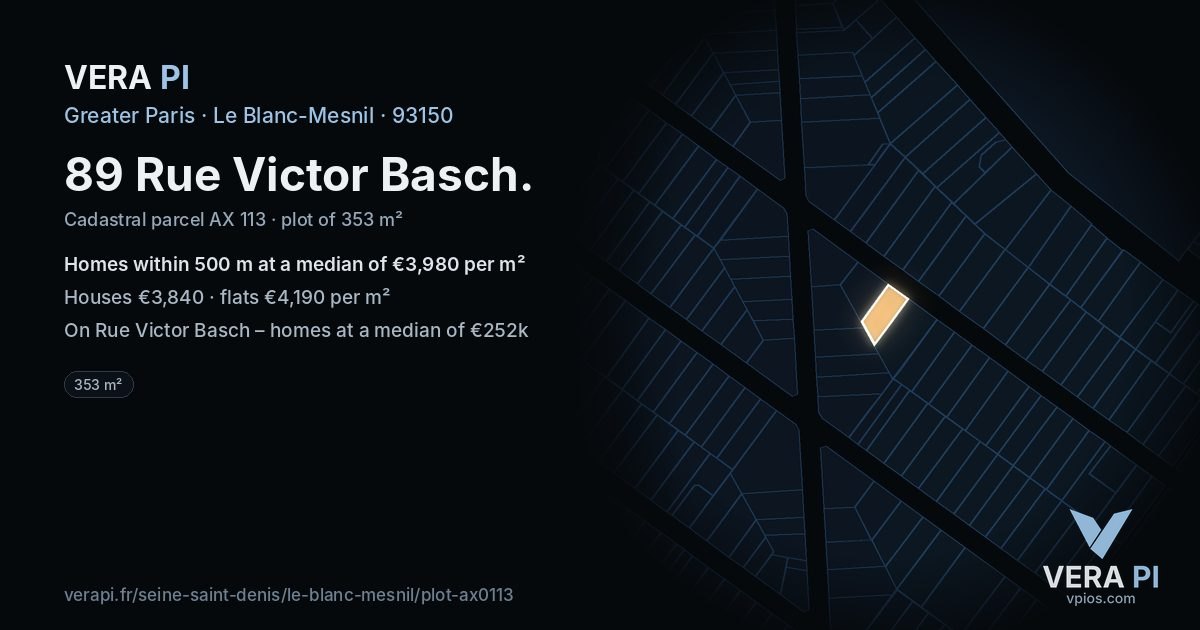 89 Rue Victor Basch, Le Blanc-Mesnil at night – the plot lit, the parcels around coloured by the prices near them