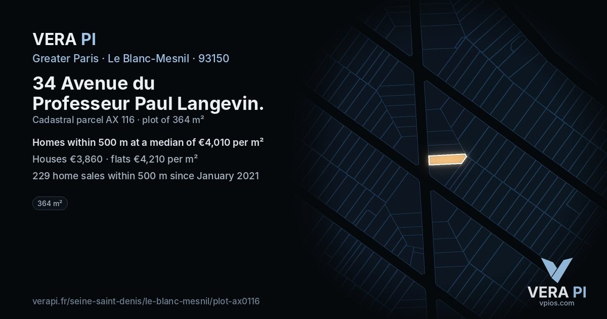 34 Avenue du Professeur Paul Langevin, Le Blanc-Mesnil at night – the plot lit, the parcels around coloured by the prices near them