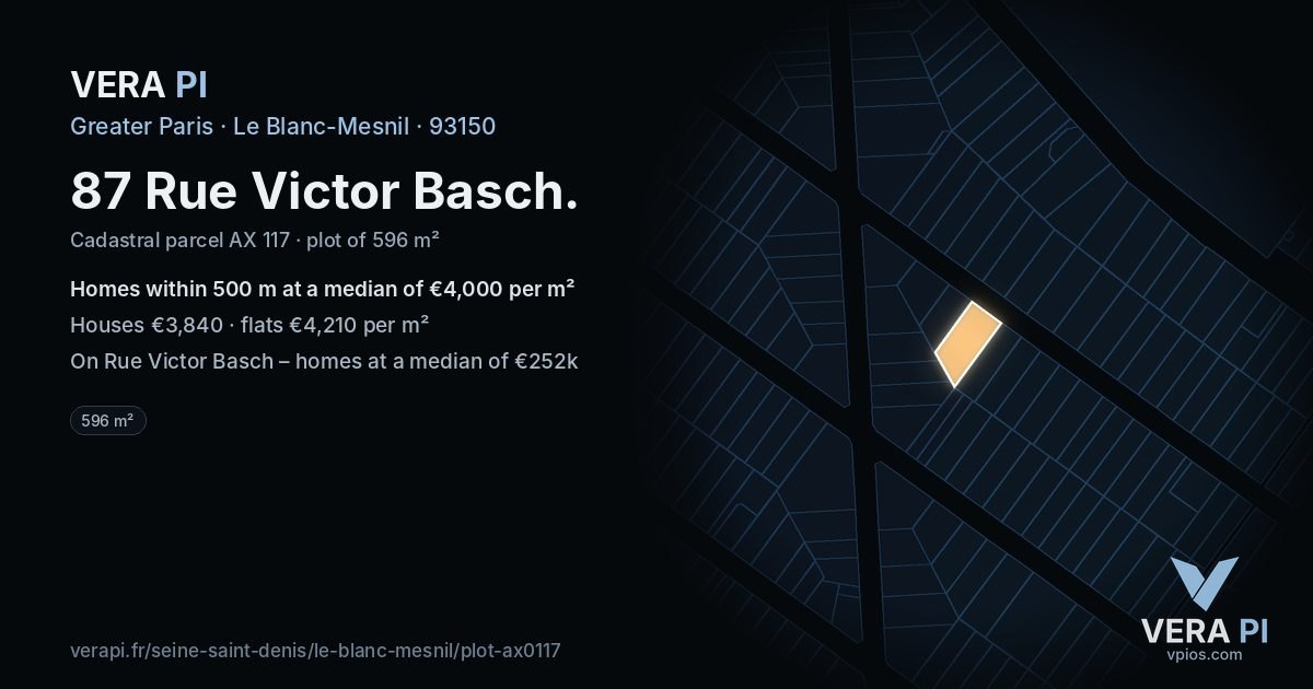 87 Rue Victor Basch, Le Blanc-Mesnil at night – the plot lit, the parcels around coloured by the prices near them