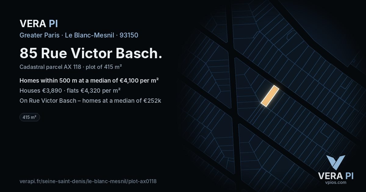 85 Rue Victor Basch, Le Blanc-Mesnil at night – the plot lit, the parcels around coloured by the prices near them