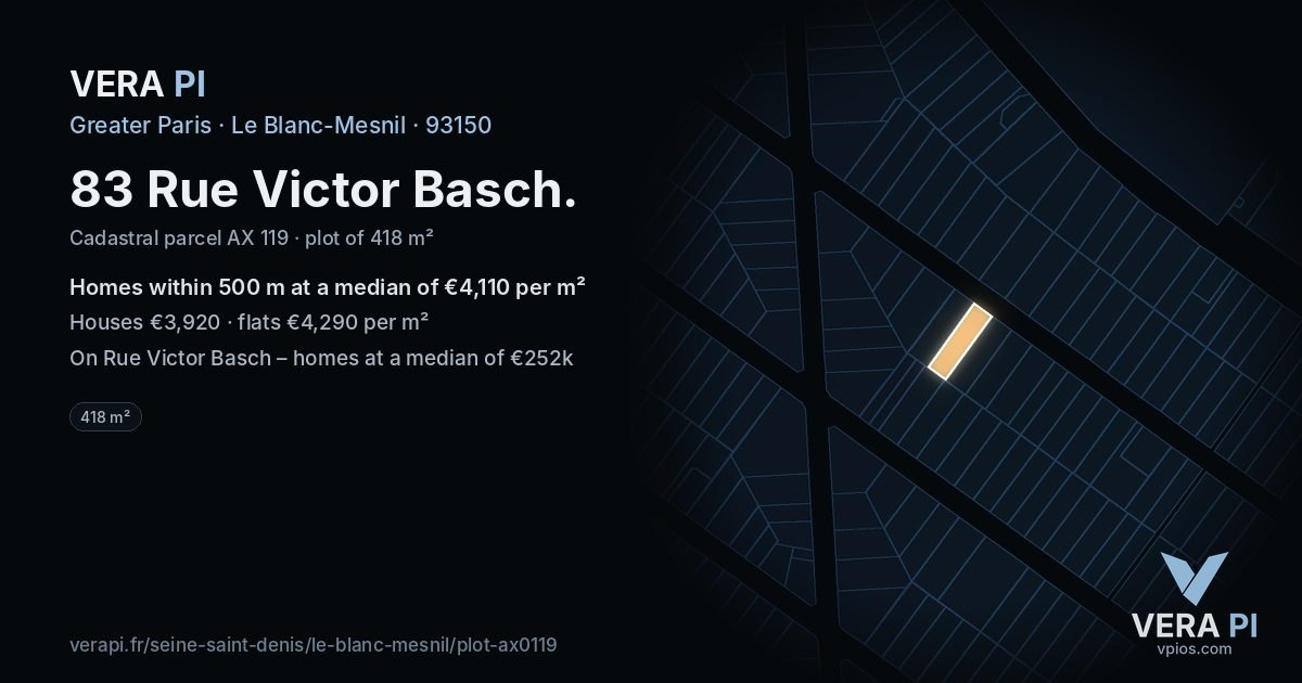 83 Rue Victor Basch, Le Blanc-Mesnil at night – the plot lit, the parcels around coloured by the prices near them