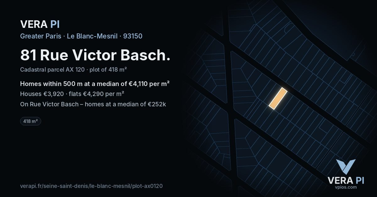 81 Rue Victor Basch, Le Blanc-Mesnil at night – the plot lit, the parcels around coloured by the prices near them