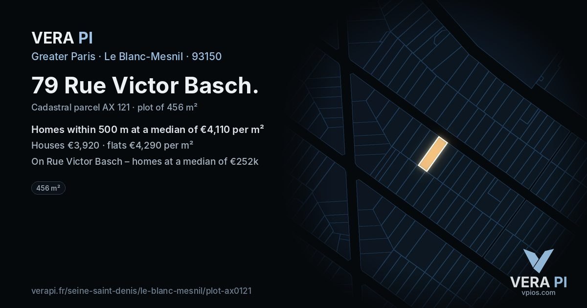 79 Rue Victor Basch, Le Blanc-Mesnil at night – the plot lit, the parcels around coloured by the prices near them