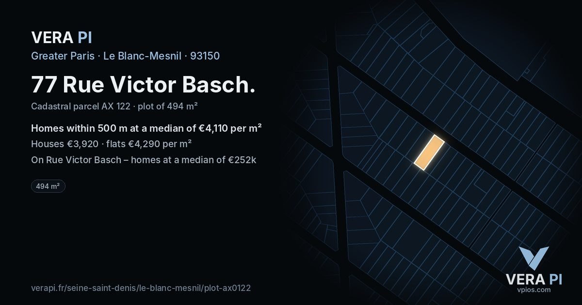 77 Rue Victor Basch, Le Blanc-Mesnil at night – the plot lit, the parcels around coloured by the prices near them