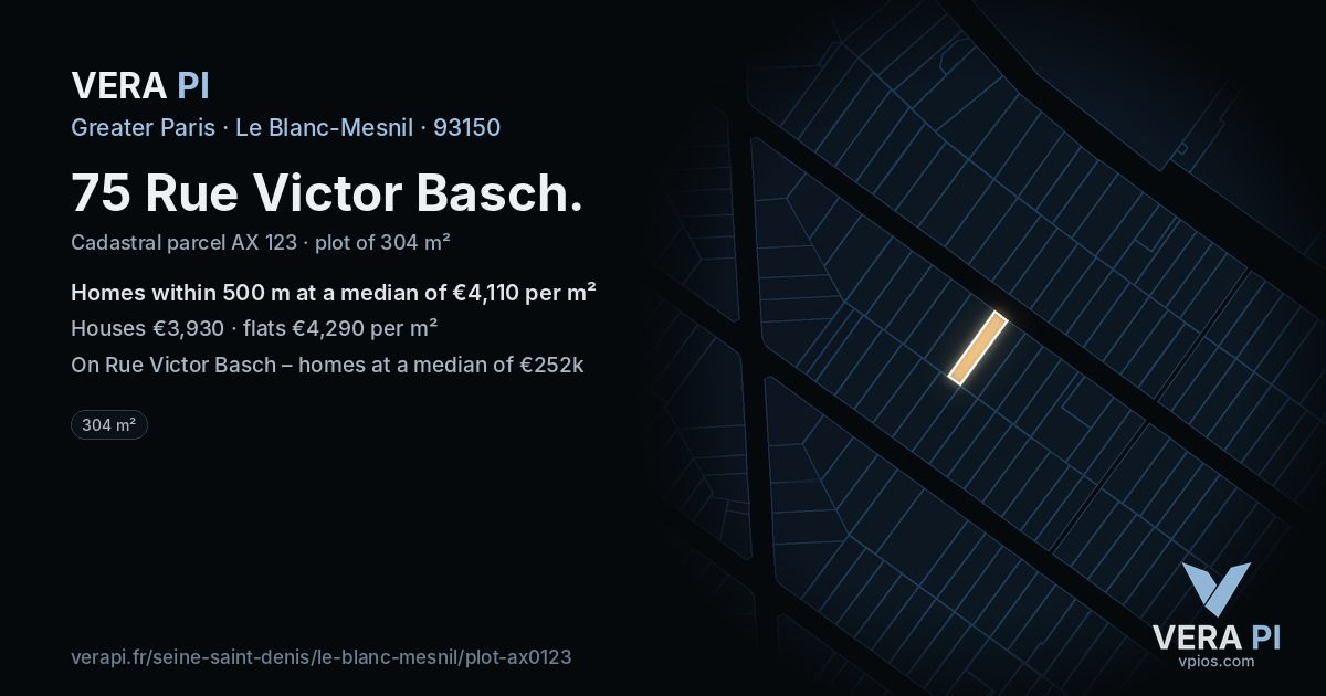 75 Rue Victor Basch, Le Blanc-Mesnil at night – the plot lit, the parcels around coloured by the prices near them