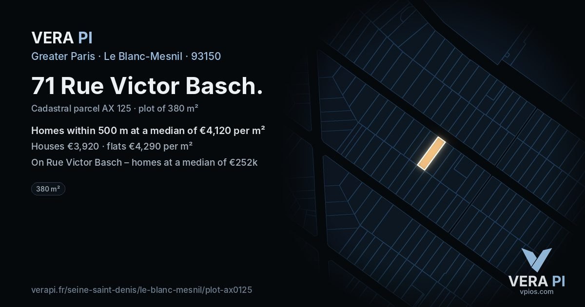 71 Rue Victor Basch, Le Blanc-Mesnil at night – the plot lit, the parcels around coloured by the prices near them
