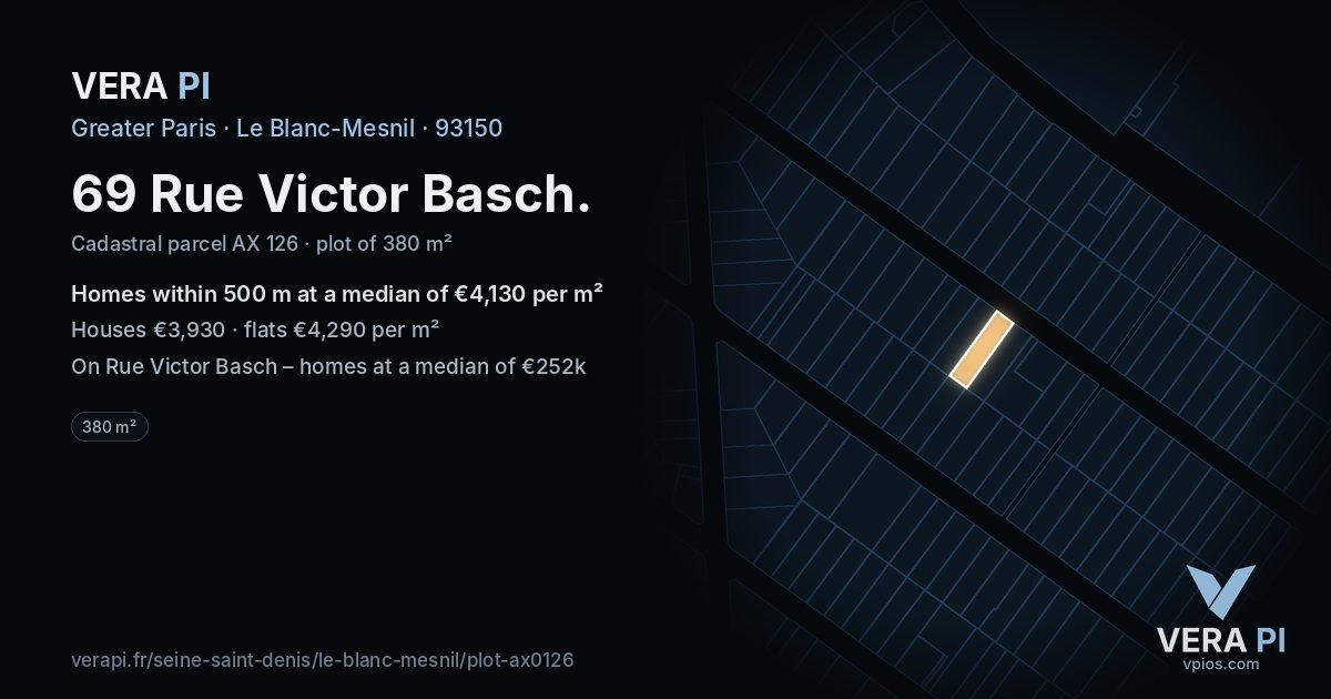 69 Rue Victor Basch, Le Blanc-Mesnil at night – the plot lit, the parcels around coloured by the prices near them