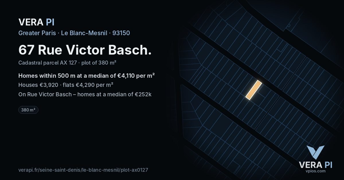 67 Rue Victor Basch, Le Blanc-Mesnil at night – the plot lit, the parcels around coloured by the prices near them