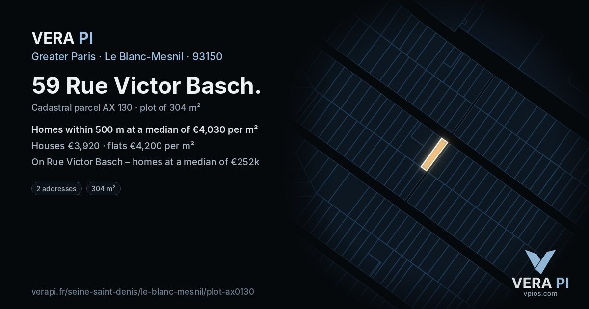 59 Rue Victor Basch, Le Blanc-Mesnil at night – the plot lit, the parcels around coloured by the prices near them