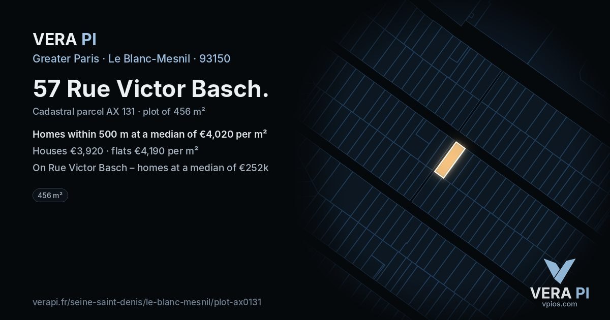 57 Rue Victor Basch, Le Blanc-Mesnil at night – the plot lit, the parcels around coloured by the prices near them