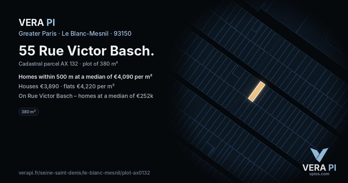 55 Rue Victor Basch, Le Blanc-Mesnil at night – the plot lit, the parcels around coloured by the prices near them
