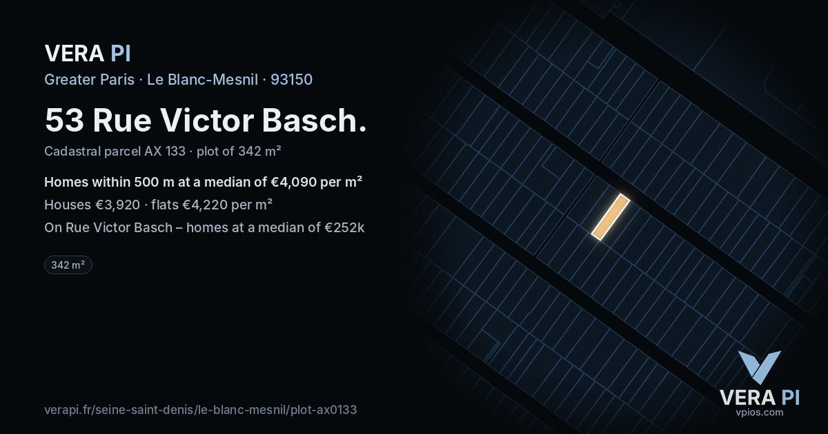 53 Rue Victor Basch, Le Blanc-Mesnil at night – the plot lit, the parcels around coloured by the prices near them