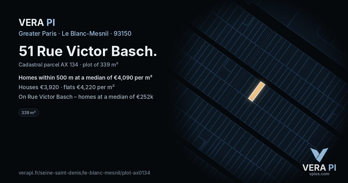 51 Rue Victor Basch, Le Blanc-Mesnil at night – the plot lit, the parcels around coloured by the prices near them