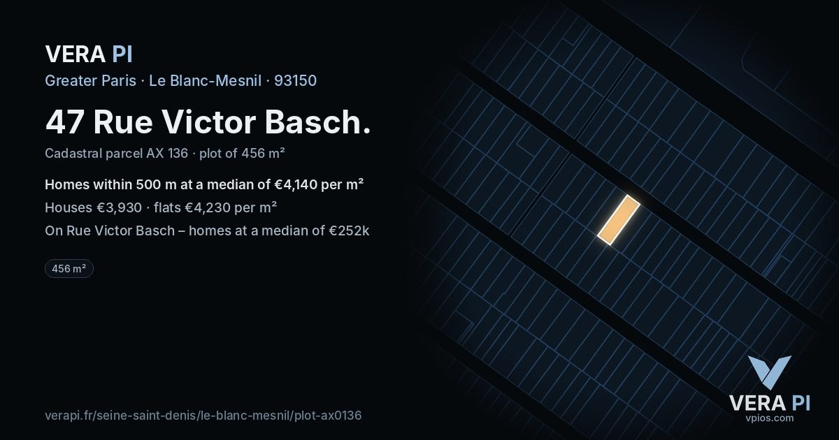 47 Rue Victor Basch, Le Blanc-Mesnil at night – the plot lit, the parcels around coloured by the prices near them