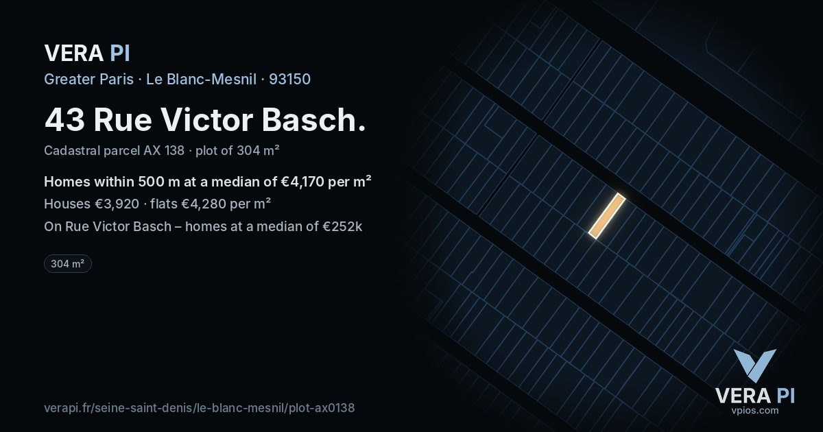 43 Rue Victor Basch, Le Blanc-Mesnil at night – the plot lit, the parcels around coloured by the prices near them