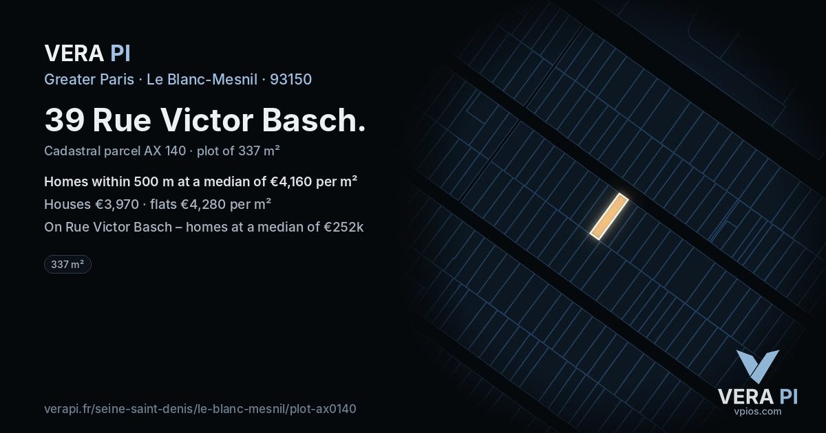 39 Rue Victor Basch, Le Blanc-Mesnil at night – the plot lit, the parcels around coloured by the prices near them