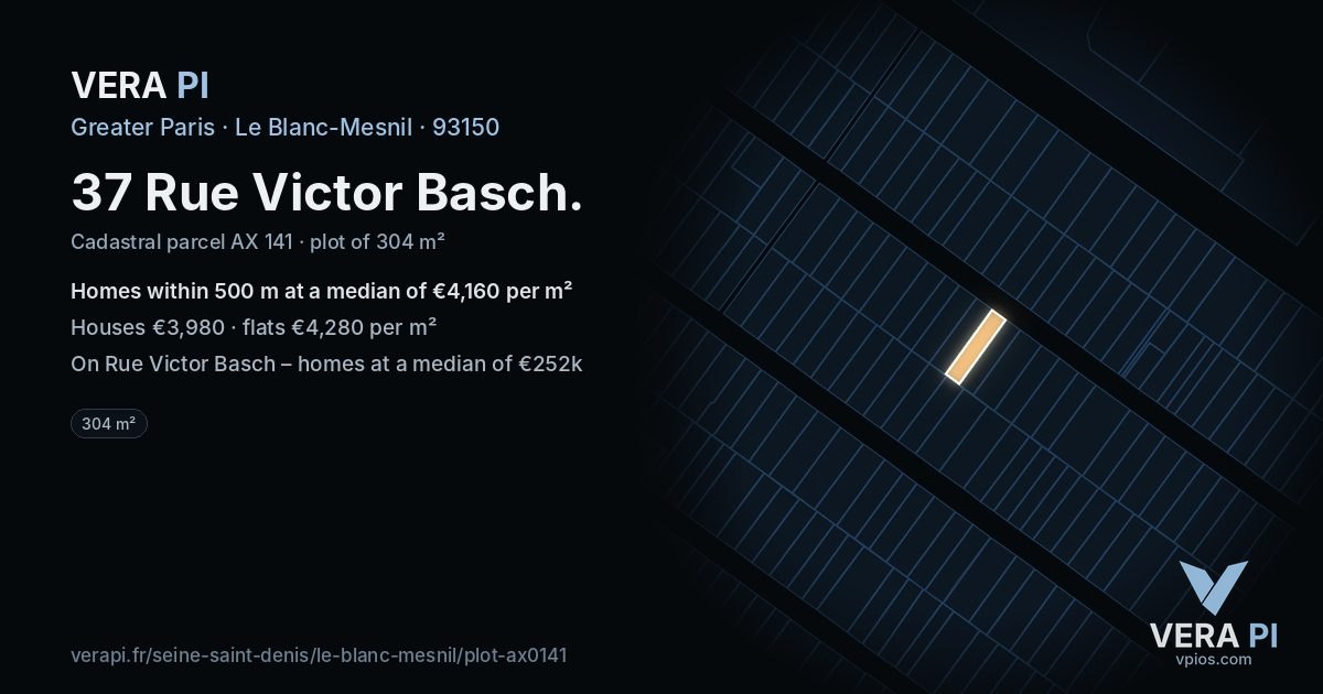 37 Rue Victor Basch, Le Blanc-Mesnil at night – the plot lit, the parcels around coloured by the prices near them