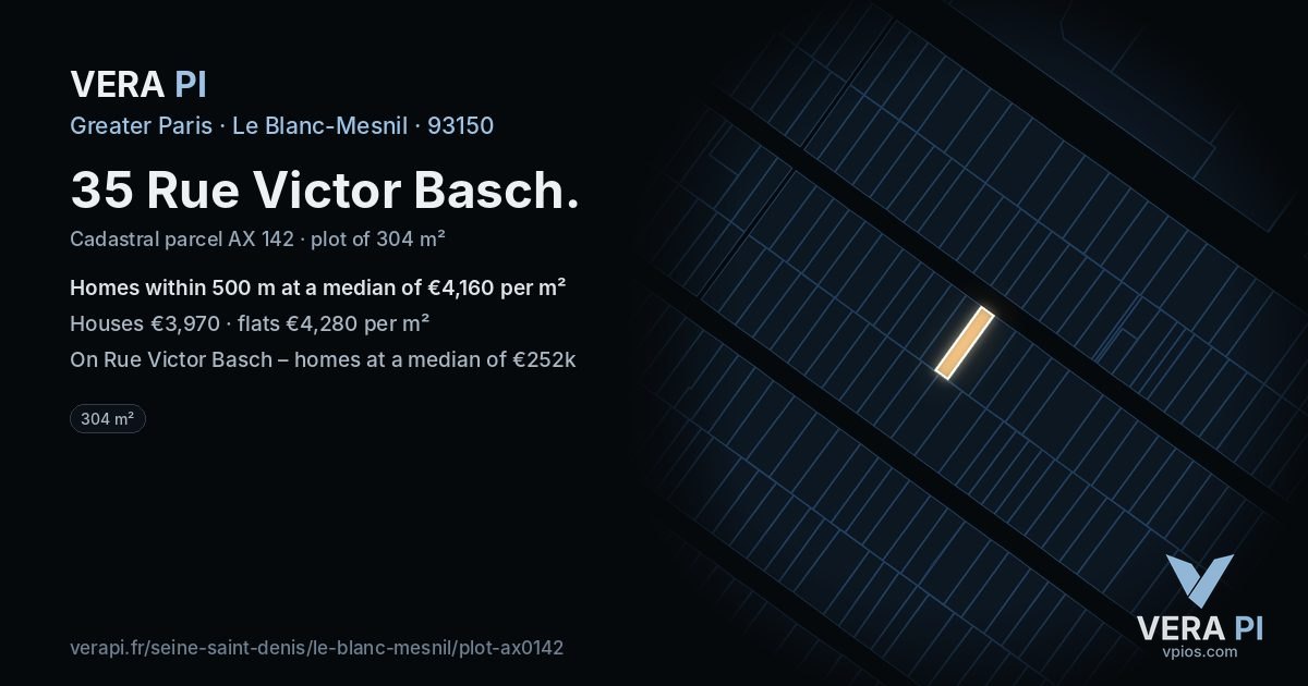 35 Rue Victor Basch, Le Blanc-Mesnil at night – the plot lit, the parcels around coloured by the prices near them