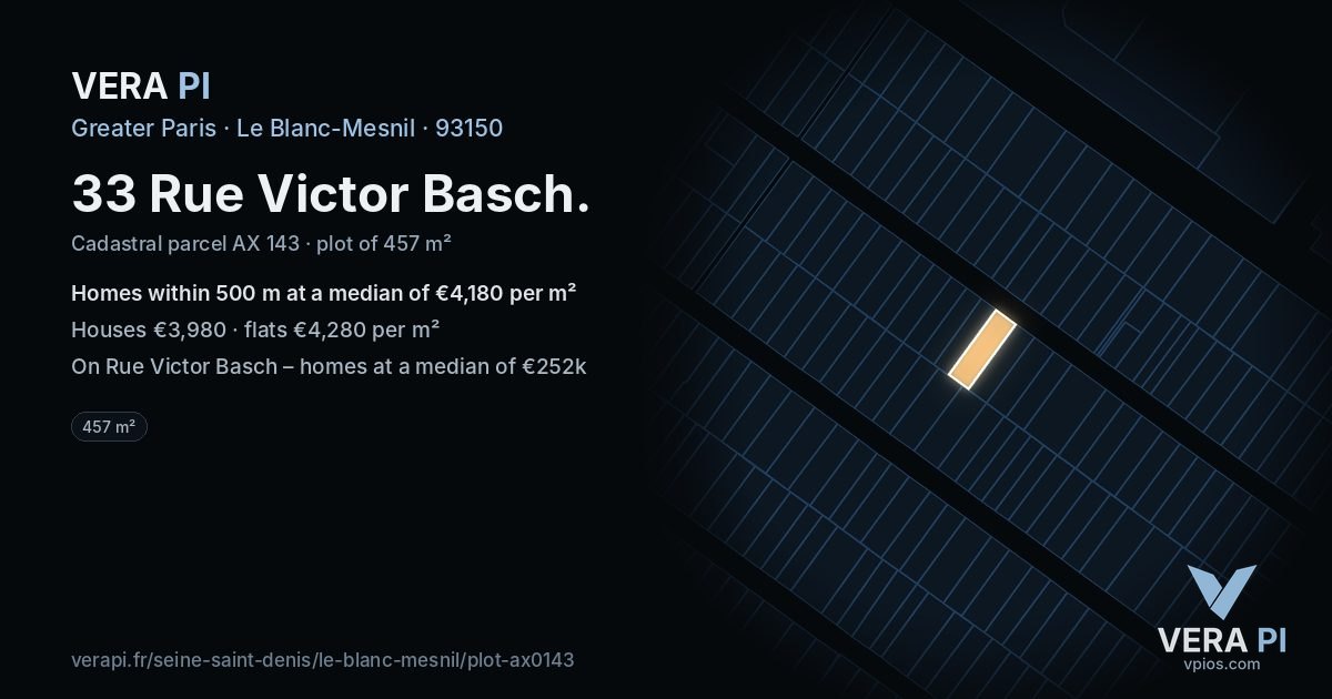 33 Rue Victor Basch, Le Blanc-Mesnil at night – the plot lit, the parcels around coloured by the prices near them