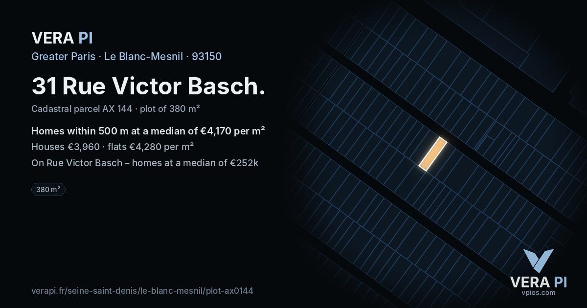 31 Rue Victor Basch, Le Blanc-Mesnil at night – the plot lit, the parcels around coloured by the prices near them