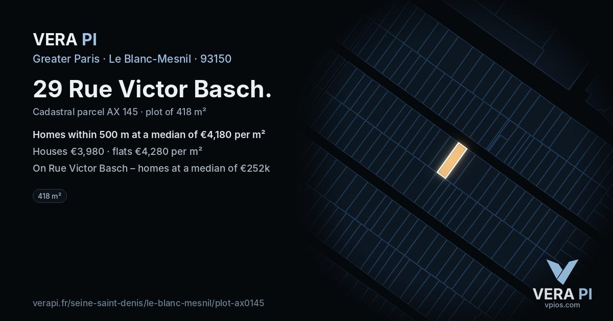 29 Rue Victor Basch, Le Blanc-Mesnil at night – the plot lit, the parcels around coloured by the prices near them