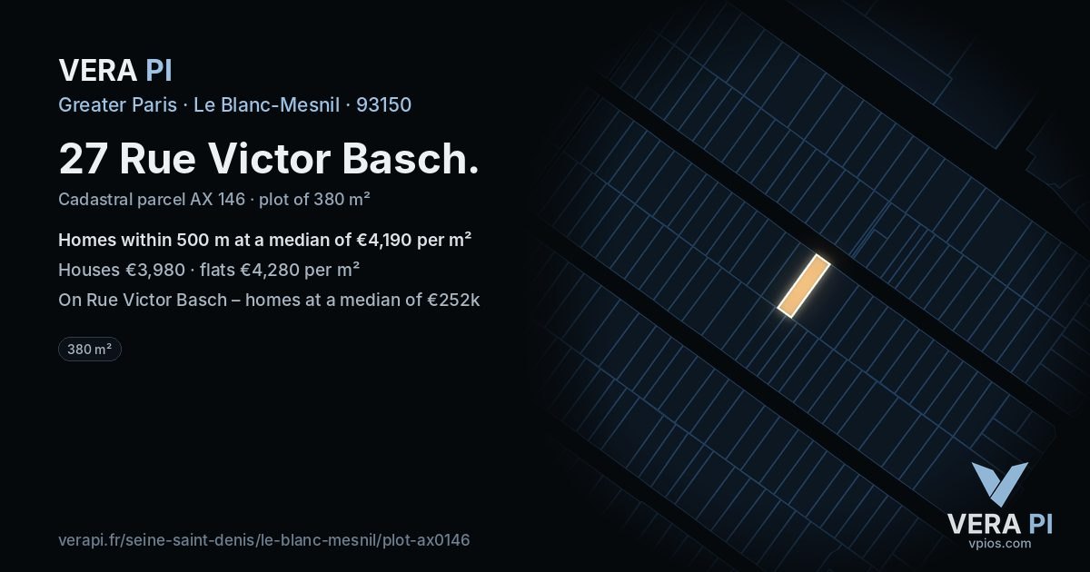 27 Rue Victor Basch, Le Blanc-Mesnil at night – the plot lit, the parcels around coloured by the prices near them