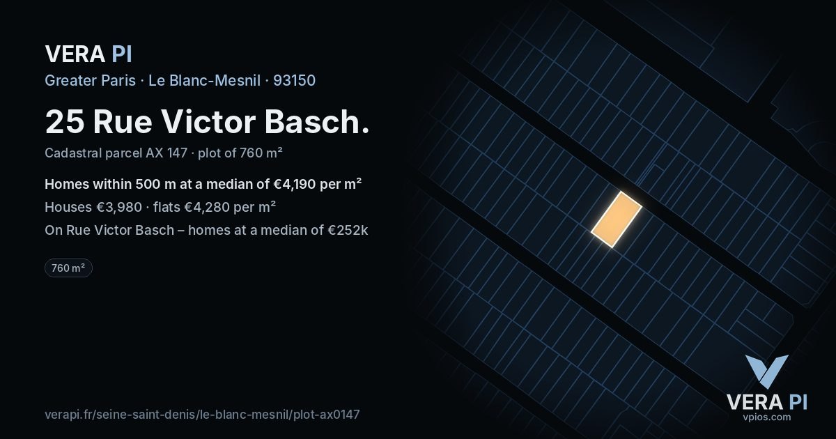 25 Rue Victor Basch, Le Blanc-Mesnil at night – the plot lit, the parcels around coloured by the prices near them