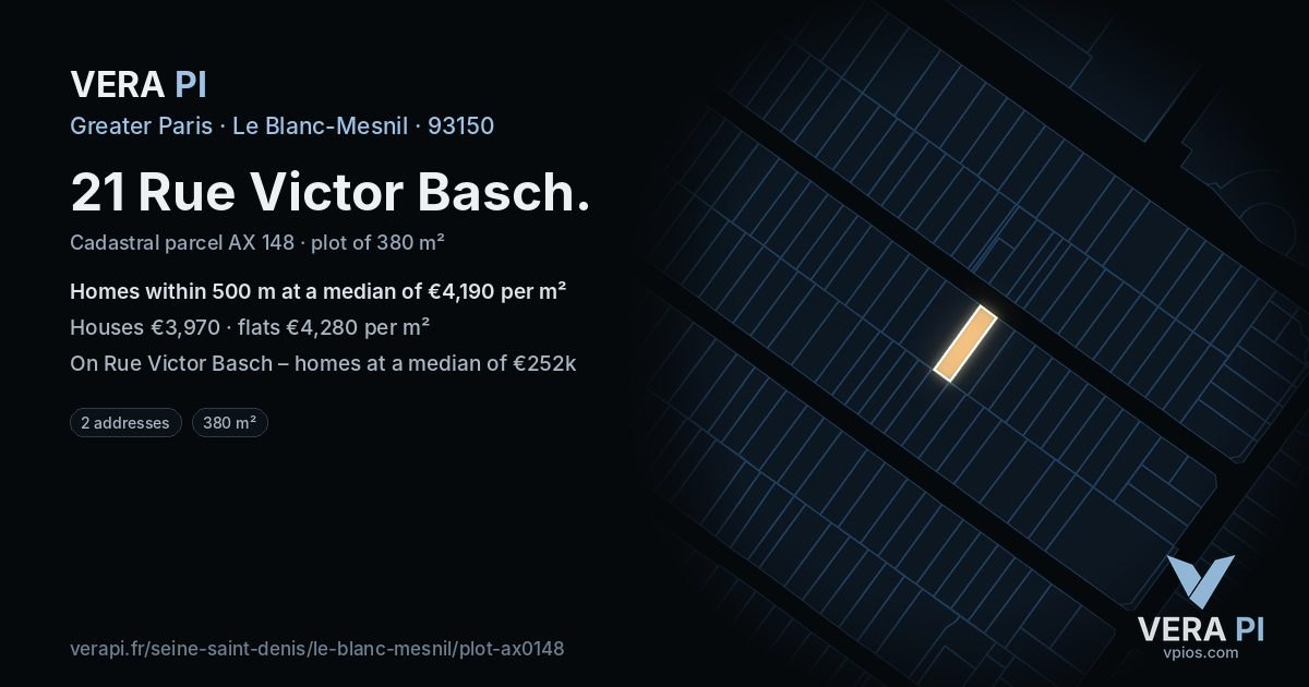 21 Rue Victor Basch, Le Blanc-Mesnil at night – the plot lit, the parcels around coloured by the prices near them