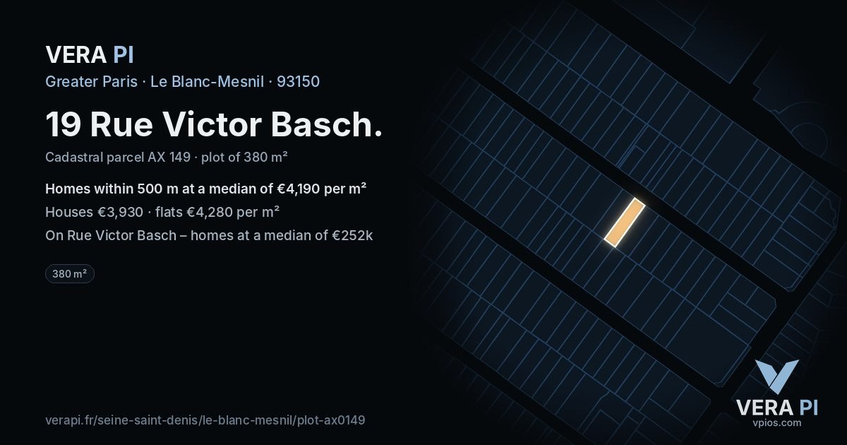 19 Rue Victor Basch, Le Blanc-Mesnil at night – the plot lit, the parcels around coloured by the prices near them