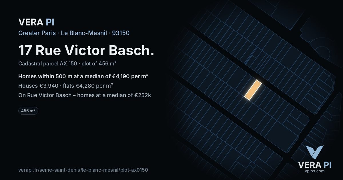 17 Rue Victor Basch, Le Blanc-Mesnil at night – the plot lit, the parcels around coloured by the prices near them