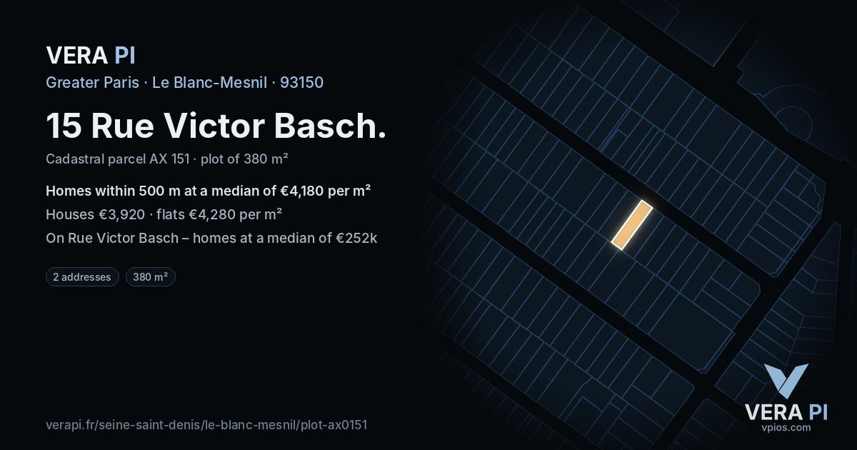 15 Rue Victor Basch, Le Blanc-Mesnil at night – the plot lit, the parcels around coloured by the prices near them