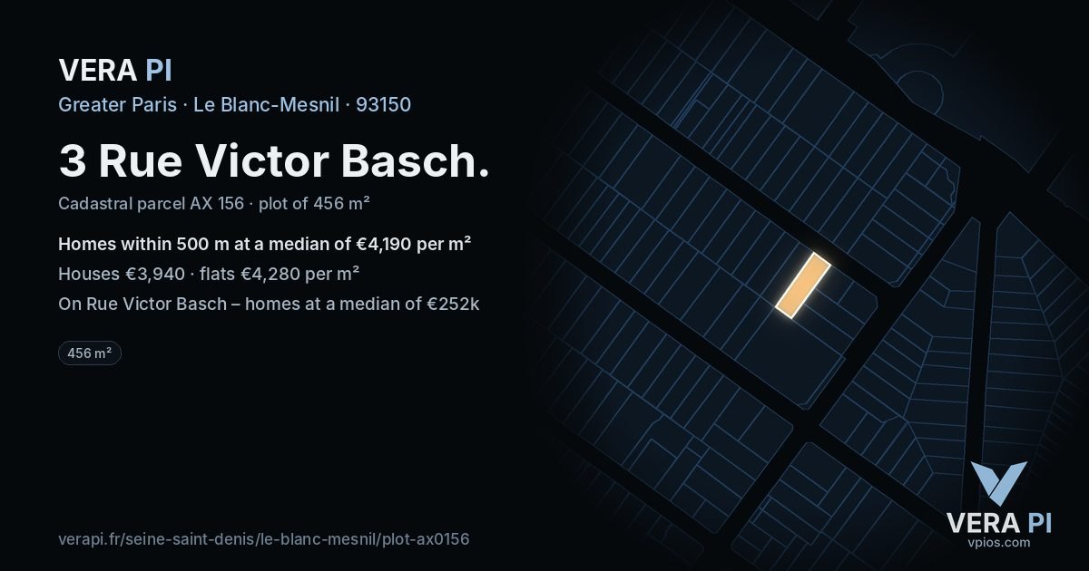 3 Rue Victor Basch, Le Blanc-Mesnil at night – the plot lit, the parcels around coloured by the prices near them