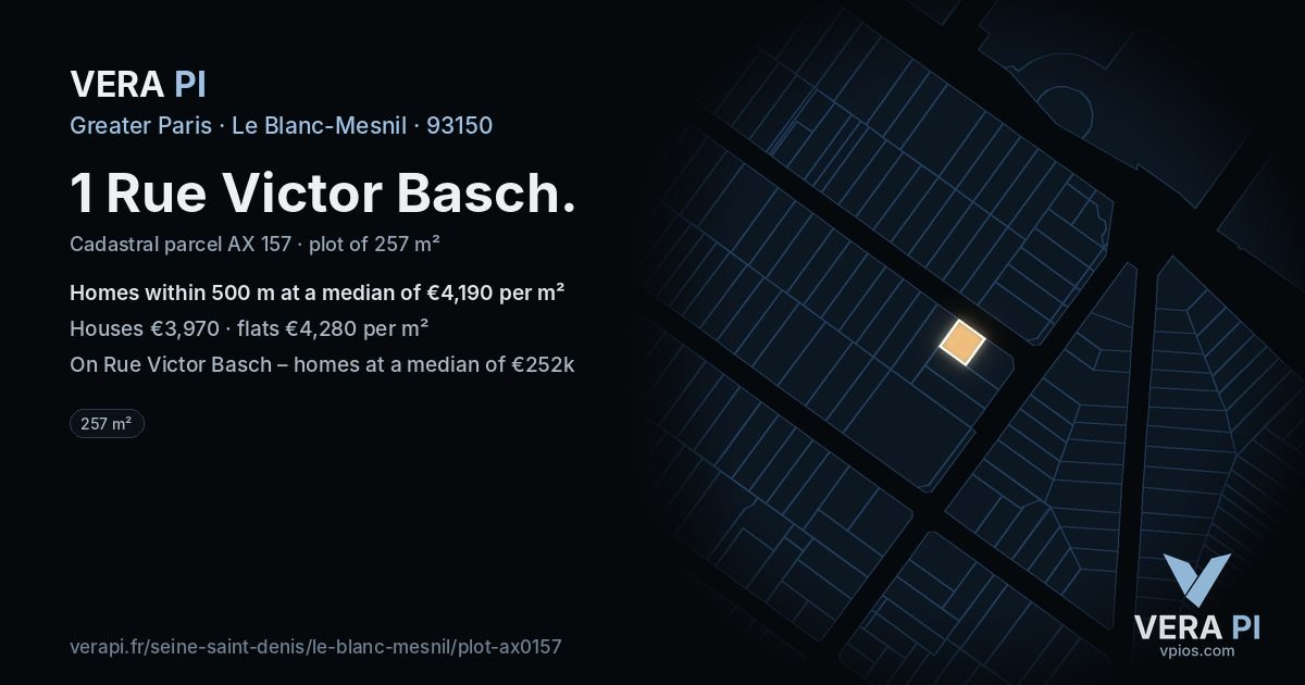 1 Rue Victor Basch, Le Blanc-Mesnil at night – the plot lit, the parcels around coloured by the prices near them