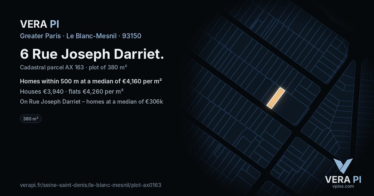 6 Rue Joseph Darriet, Le Blanc-Mesnil at night – the plot lit, the parcels around coloured by the prices near them