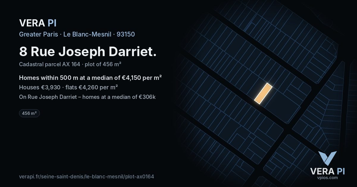 8 Rue Joseph Darriet, Le Blanc-Mesnil at night – the plot lit, the parcels around coloured by the prices near them