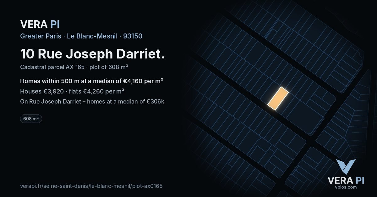 10 Rue Joseph Darriet, Le Blanc-Mesnil at night – the plot lit, the parcels around coloured by the prices near them