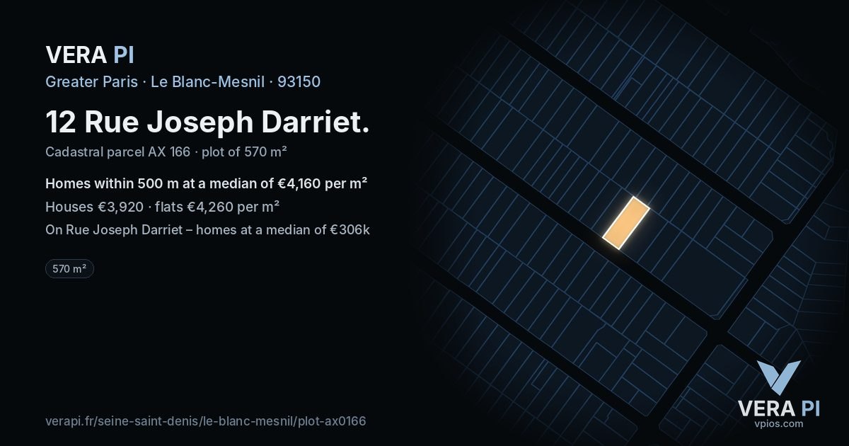 12 Rue Joseph Darriet, Le Blanc-Mesnil at night – the plot lit, the parcels around coloured by the prices near them