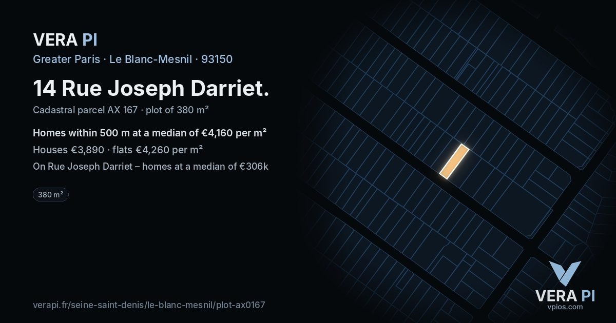 14 Rue Joseph Darriet, Le Blanc-Mesnil at night – the plot lit, the parcels around coloured by the prices near them