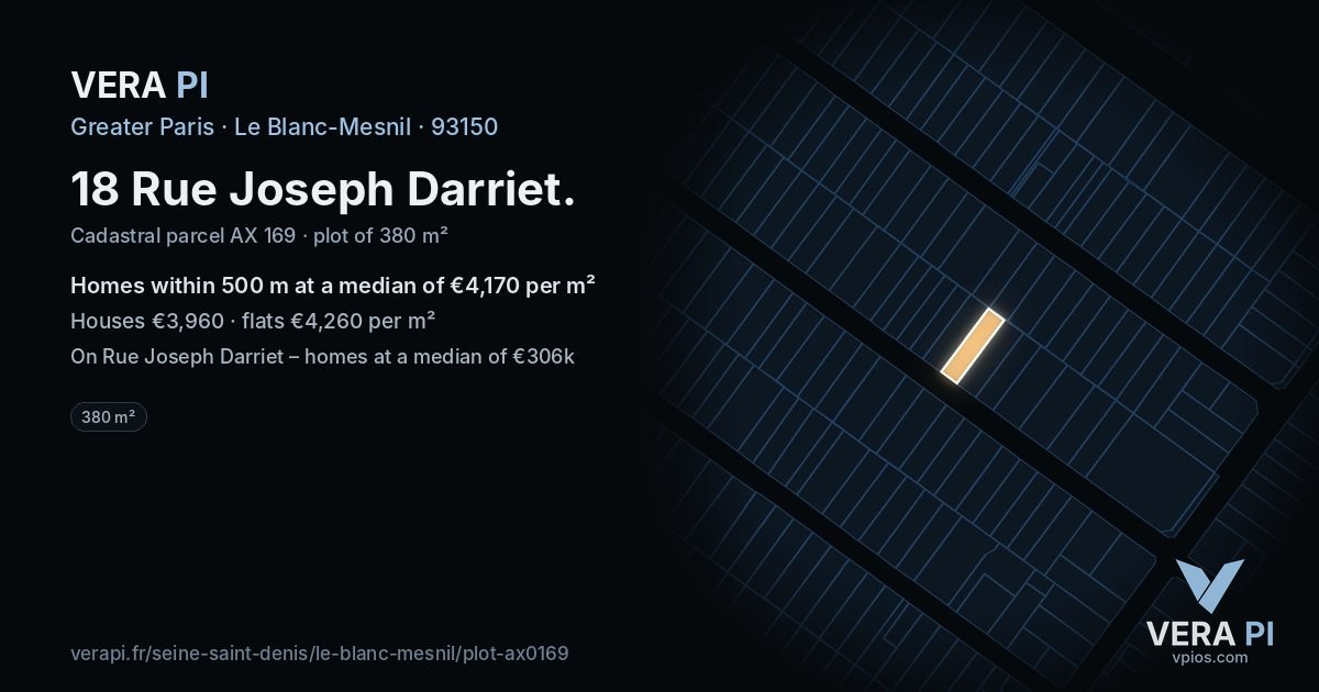 18 Rue Joseph Darriet, Le Blanc-Mesnil at night – the plot lit, the parcels around coloured by the prices near them