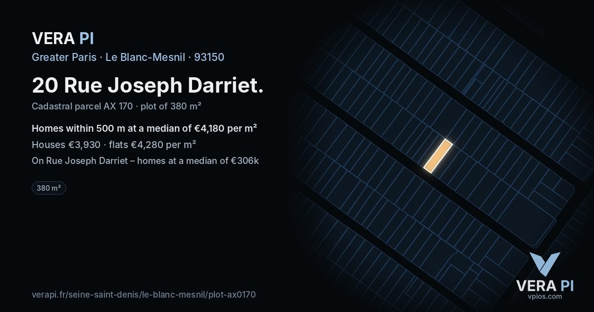 20 Rue Joseph Darriet, Le Blanc-Mesnil at night – the plot lit, the parcels around coloured by the prices near them