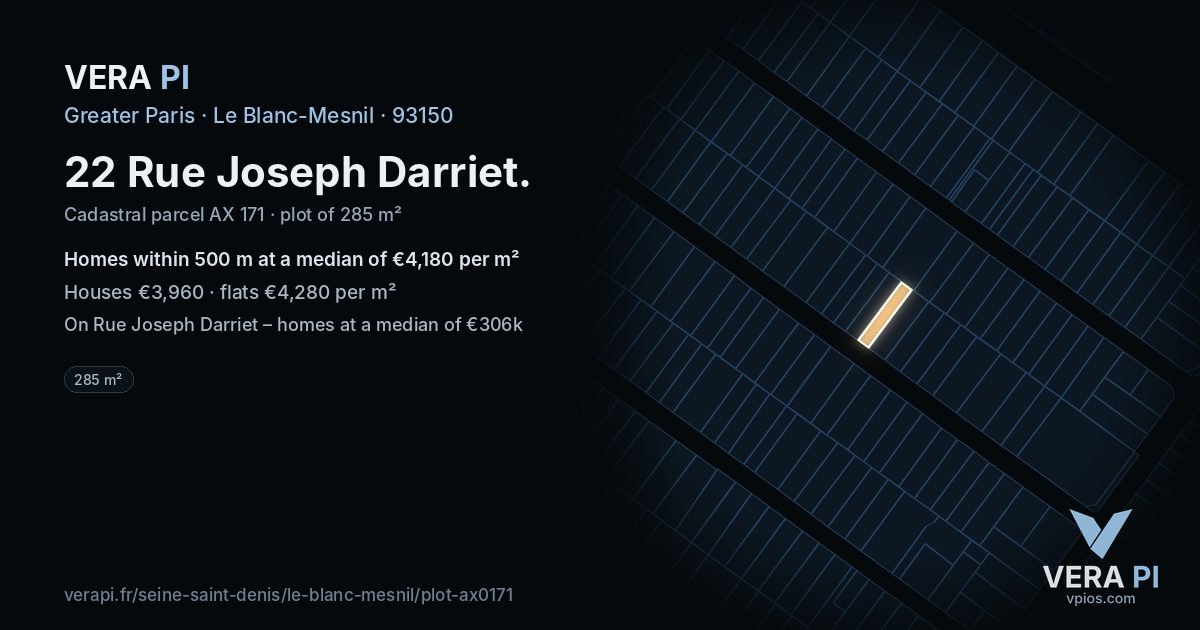 22 Rue Joseph Darriet, Le Blanc-Mesnil at night – the plot lit, the parcels around coloured by the prices near them