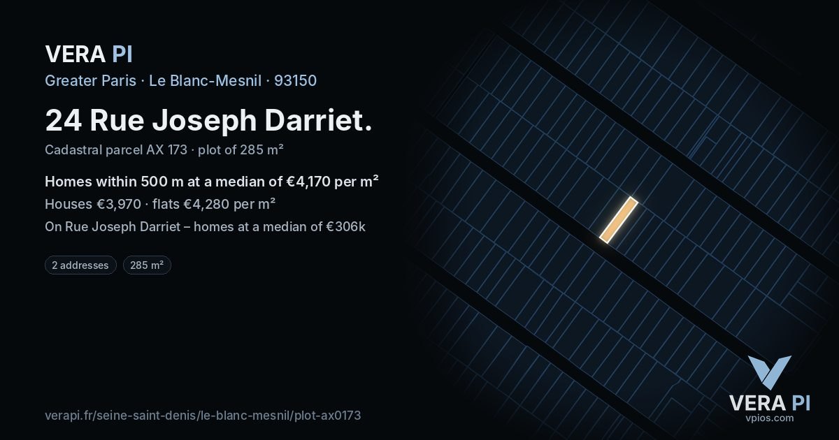 24 Rue Joseph Darriet, Le Blanc-Mesnil at night – the plot lit, the parcels around coloured by the prices near them