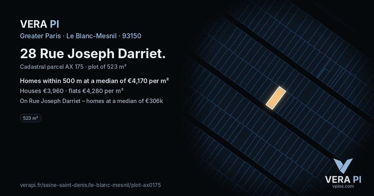 28 Rue Joseph Darriet, Le Blanc-Mesnil at night – the plot lit, the parcels around coloured by the prices near them