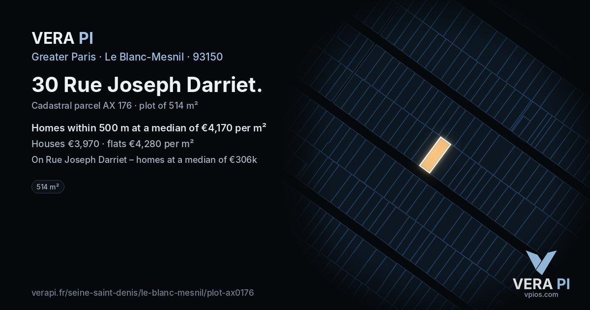 30 Rue Joseph Darriet, Le Blanc-Mesnil at night – the plot lit, the parcels around coloured by the prices near them