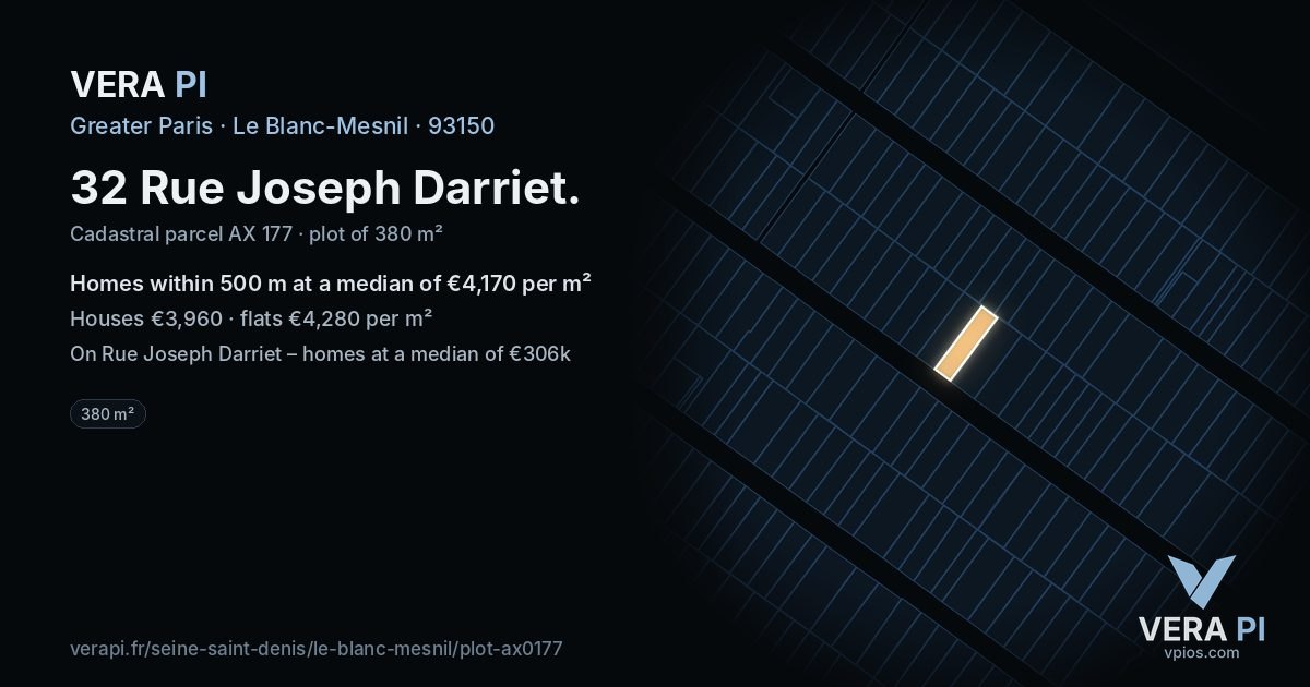32 Rue Joseph Darriet, Le Blanc-Mesnil at night – the plot lit, the parcels around coloured by the prices near them