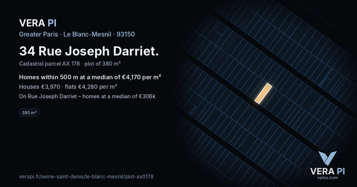 34 Rue Joseph Darriet, Le Blanc-Mesnil at night – the plot lit, the parcels around coloured by the prices near them