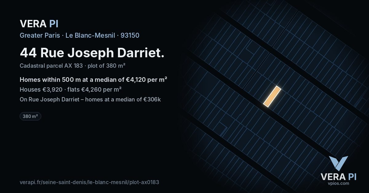 44 Rue Joseph Darriet, Le Blanc-Mesnil at night – the plot lit, the parcels around coloured by the prices near them