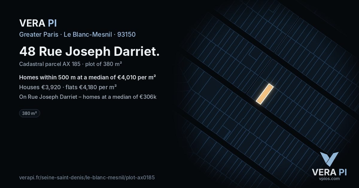 48 Rue Joseph Darriet, Le Blanc-Mesnil at night – the plot lit, the parcels around coloured by the prices near them